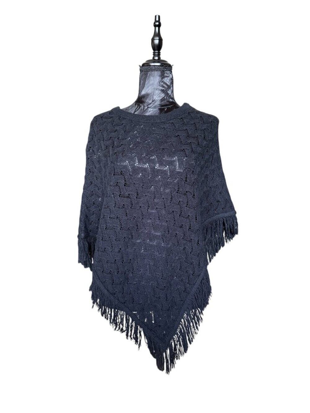Forever 21 Black Open Knit Scalloped Wave Fringe Boho Poncho Top S